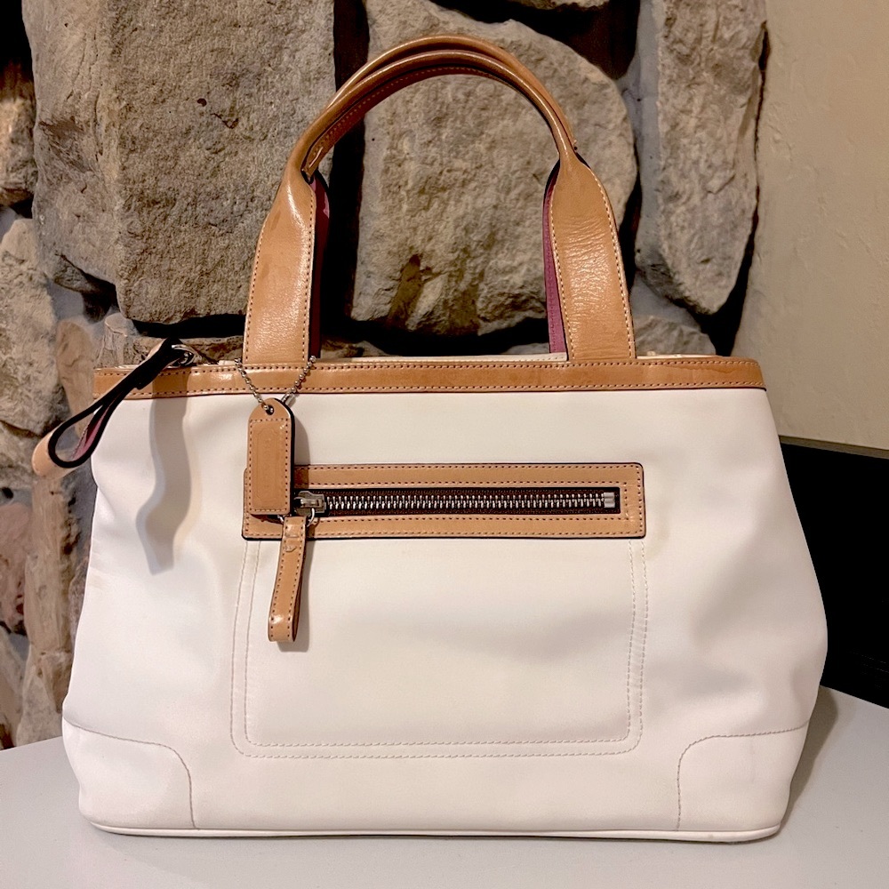 Coach White & Tan Nylon Tote Handbag